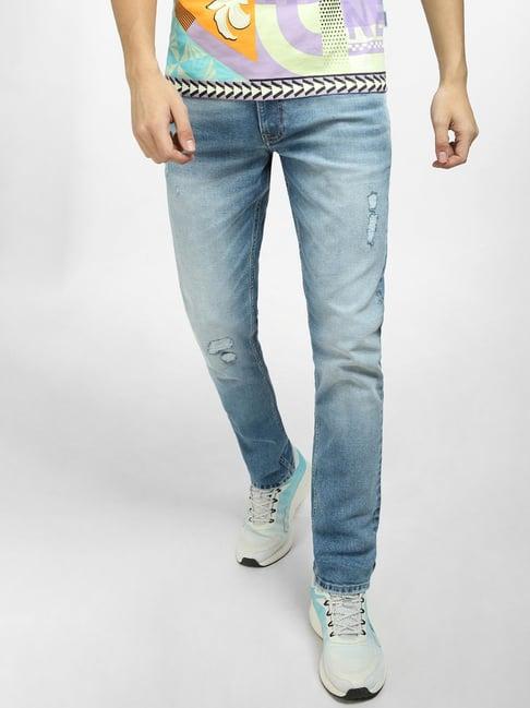 jack & jones light blue slim fit low rise distressed jeans