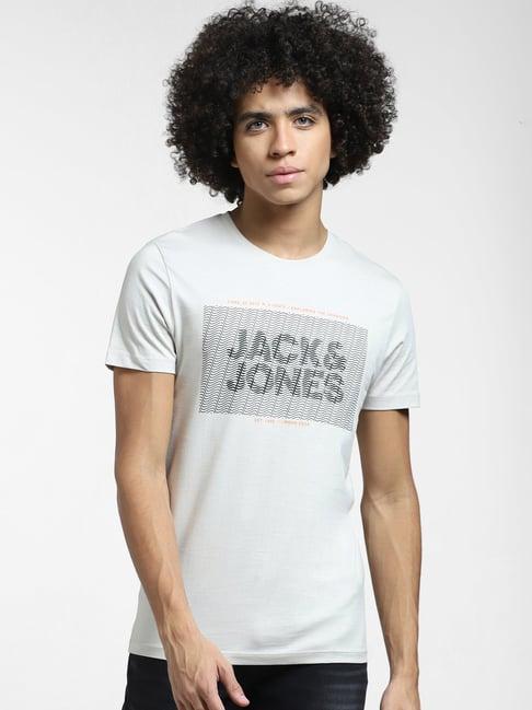 jack & jones light grey slim fit printed cotton crew t-shirt