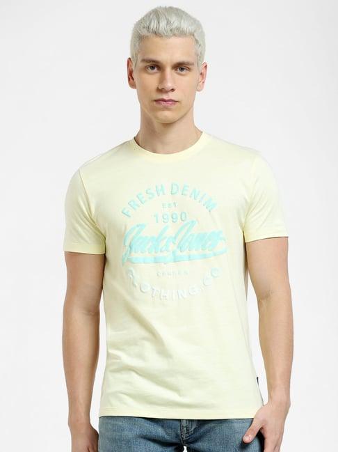 jack & jones light yellow slim fit printed cotton crew t-shirt