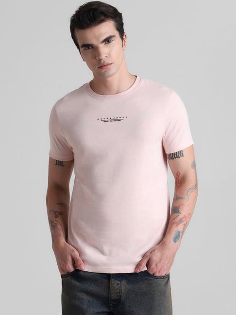 jack & jones lotus pink cotton slim fit printed t-shirt