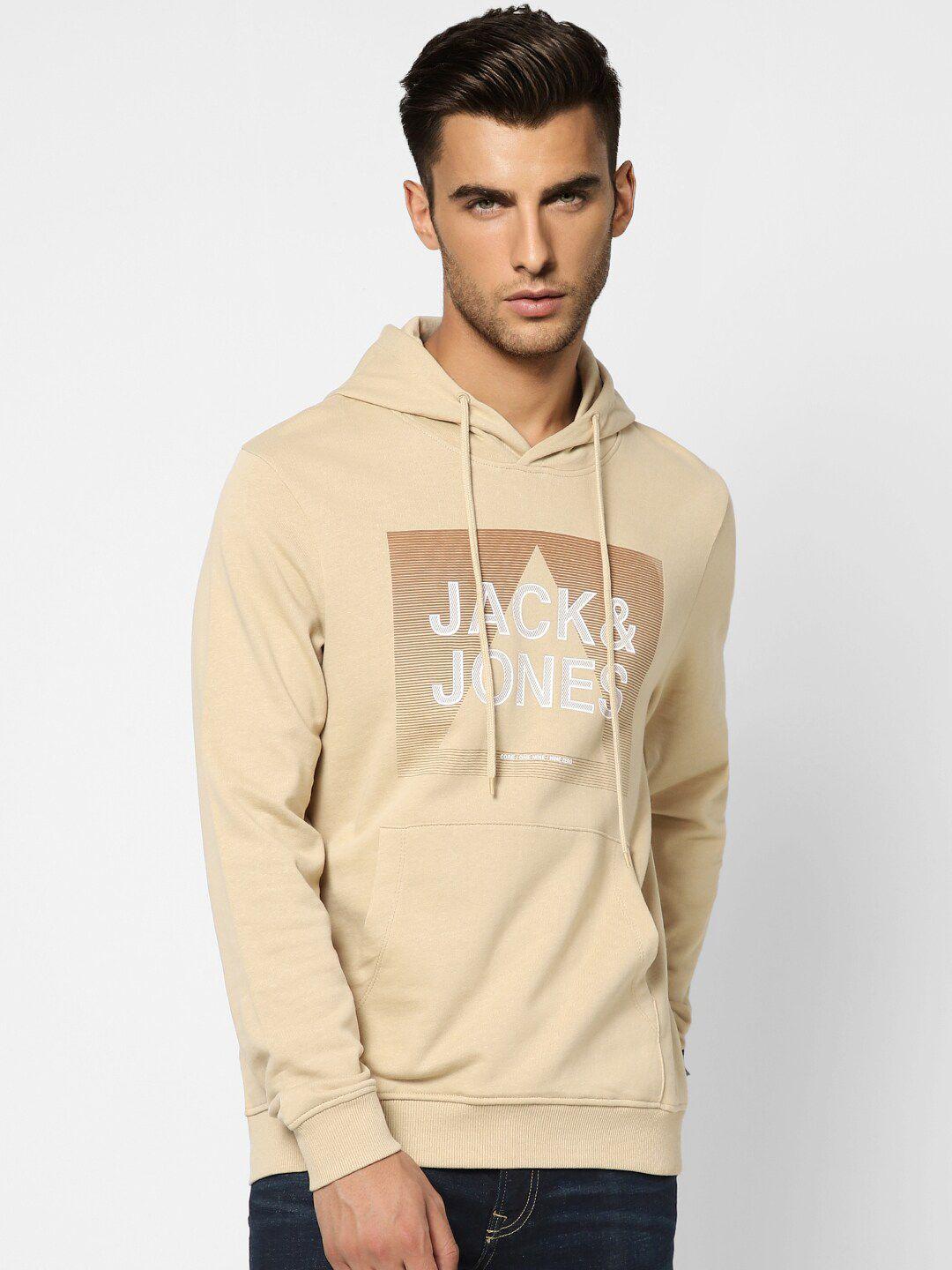 jack & jones men beige printed hooded cotton sweatshirt