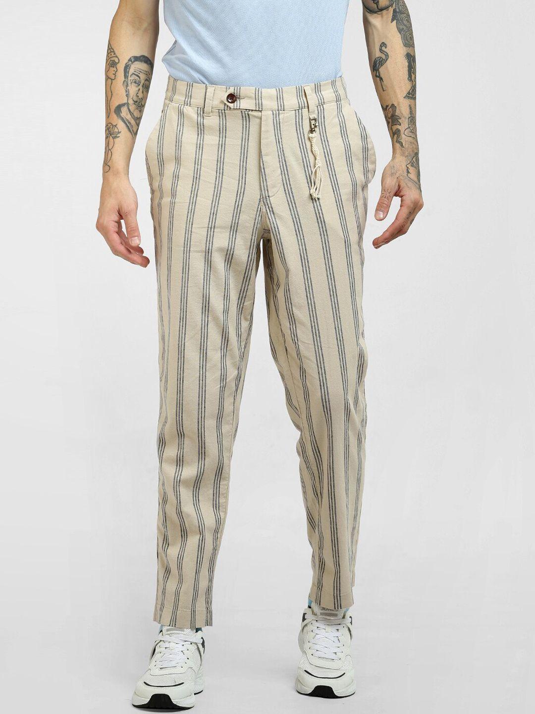 jack & jones men beige striped low-rise chinos trousers