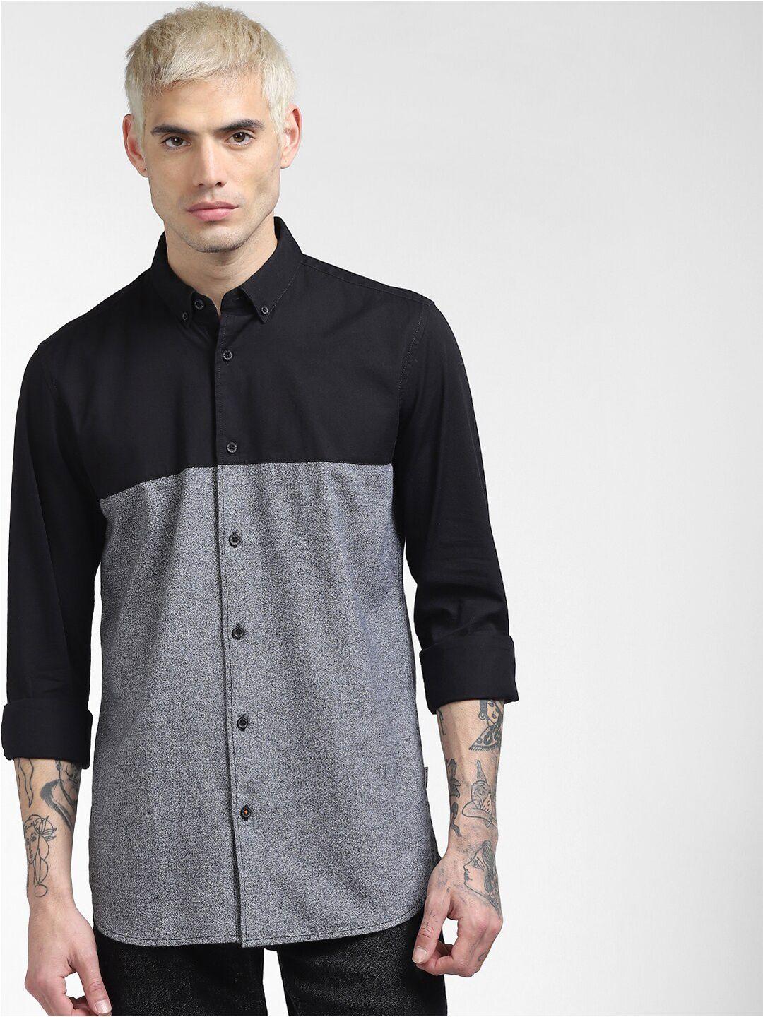 jack & jones men black & grey colourblocked cotton casual shirt