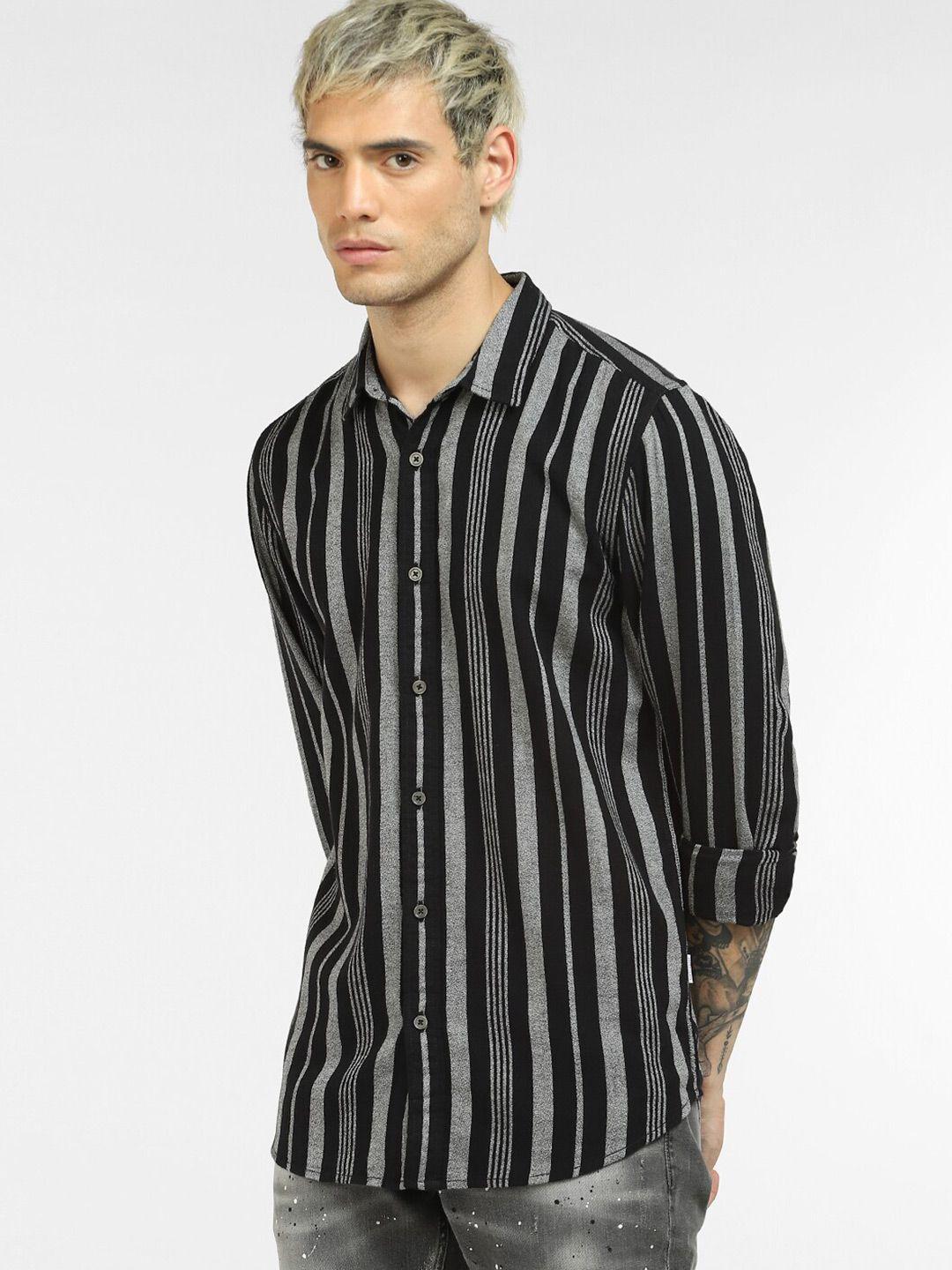 jack & jones men black & grey slim fit striped cotton casual shirt