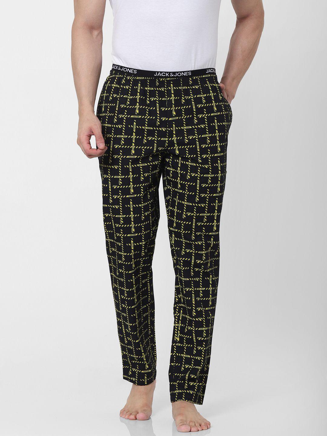 jack & jones men black & lime green printed lounge pants