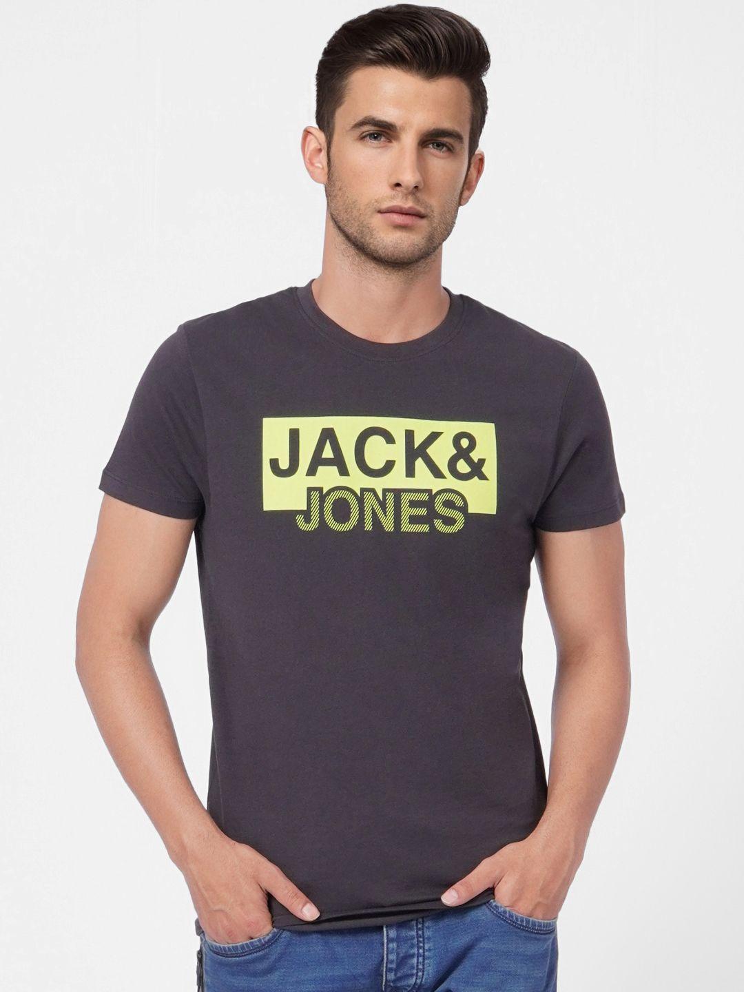 jack & jones men black & lime green typography printed slim fit pure cotton casual t-shirt