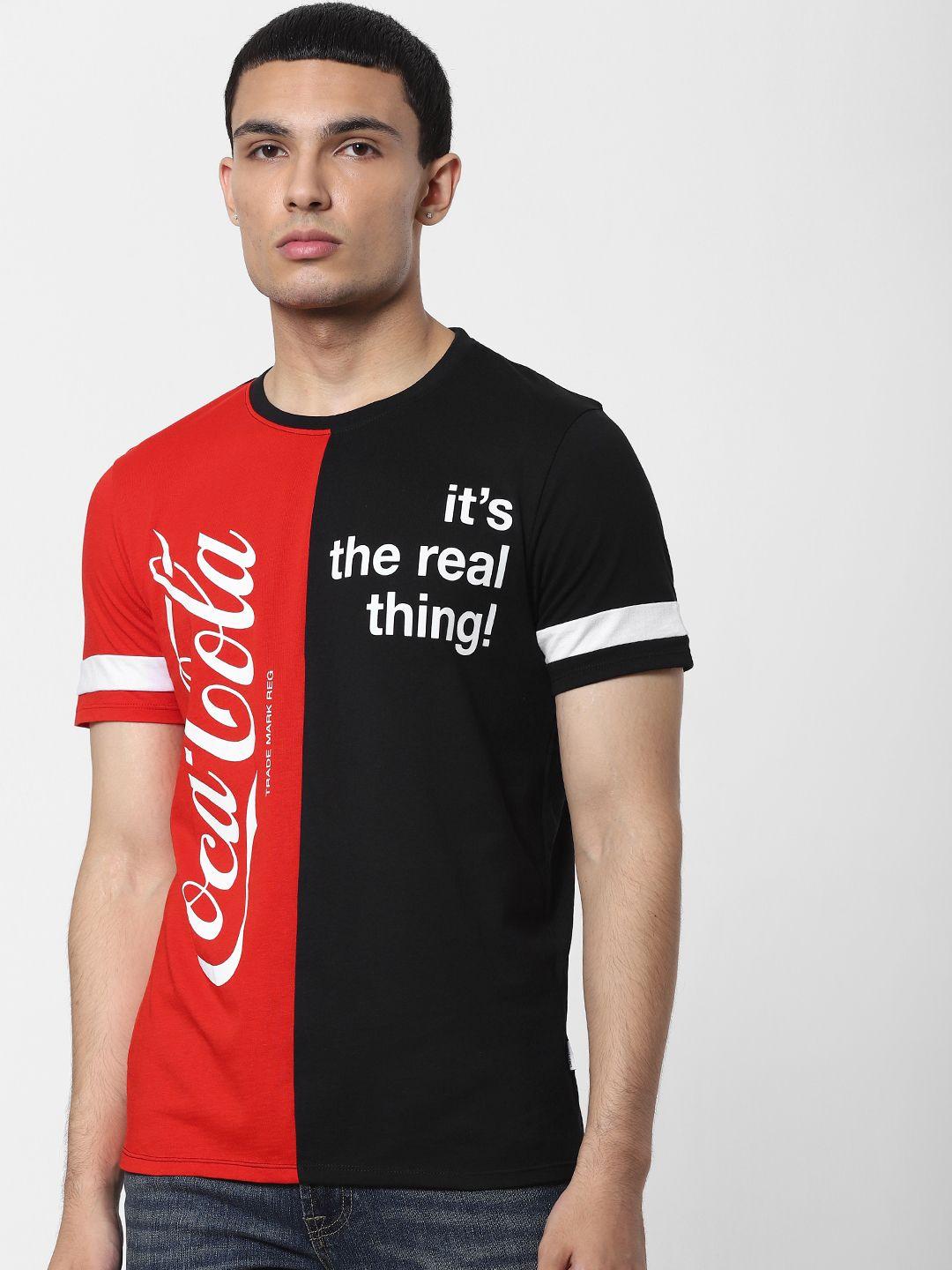 jack & jones men black & red colourblocked t-shirt with printed detailing