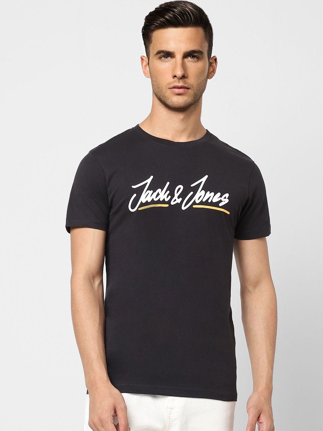 jack & jones men black & white brand logo printed pure cotton slim fit t-shirt