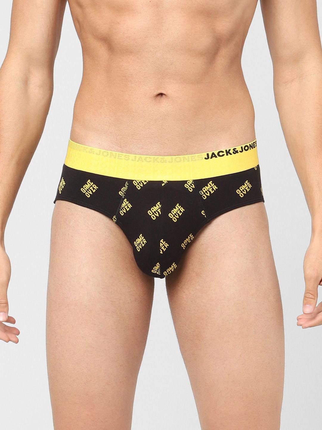 jack & jones men black & yellow printed cotton basic briefs 116792501