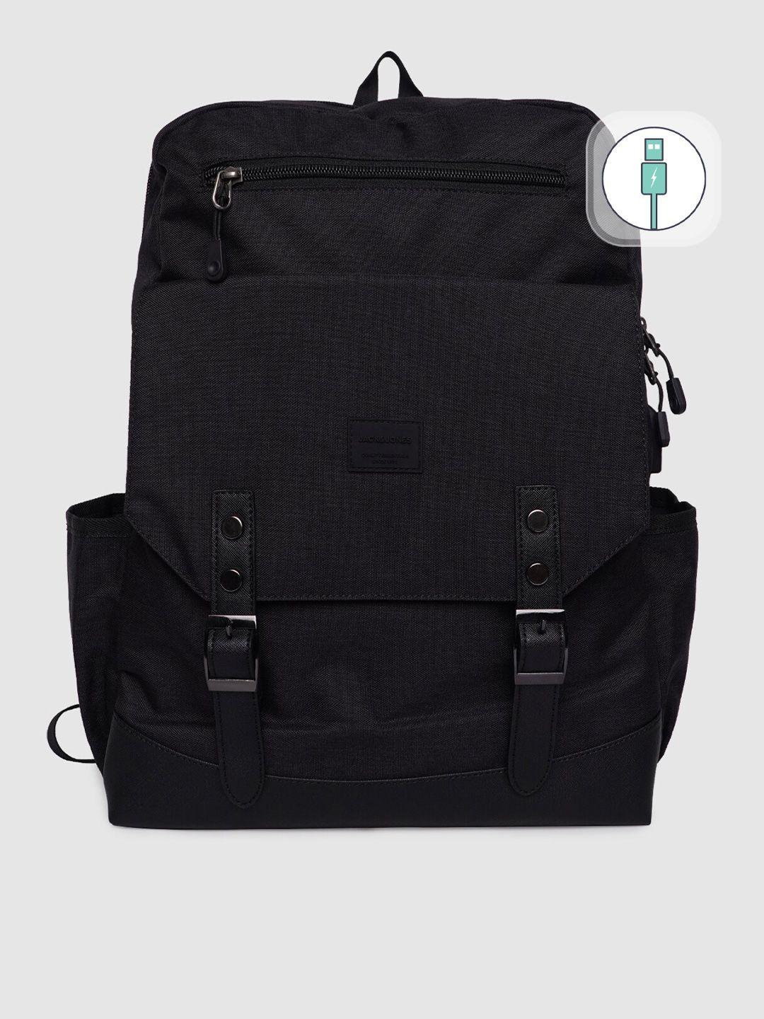 jack & jones men black backpack with usb charging port