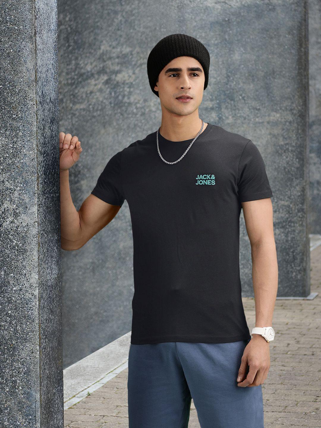 jack & jones men black brand logo printed pure cotton slim fit t-shirt