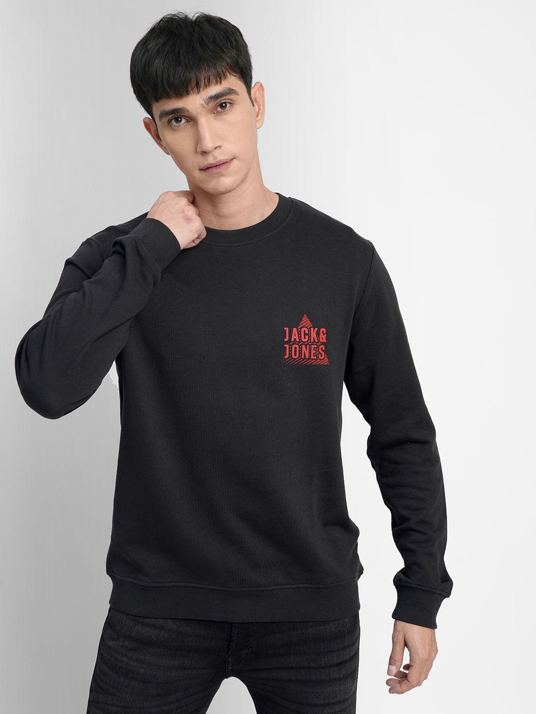 jack & jones men black brand logo printed sweatshirt