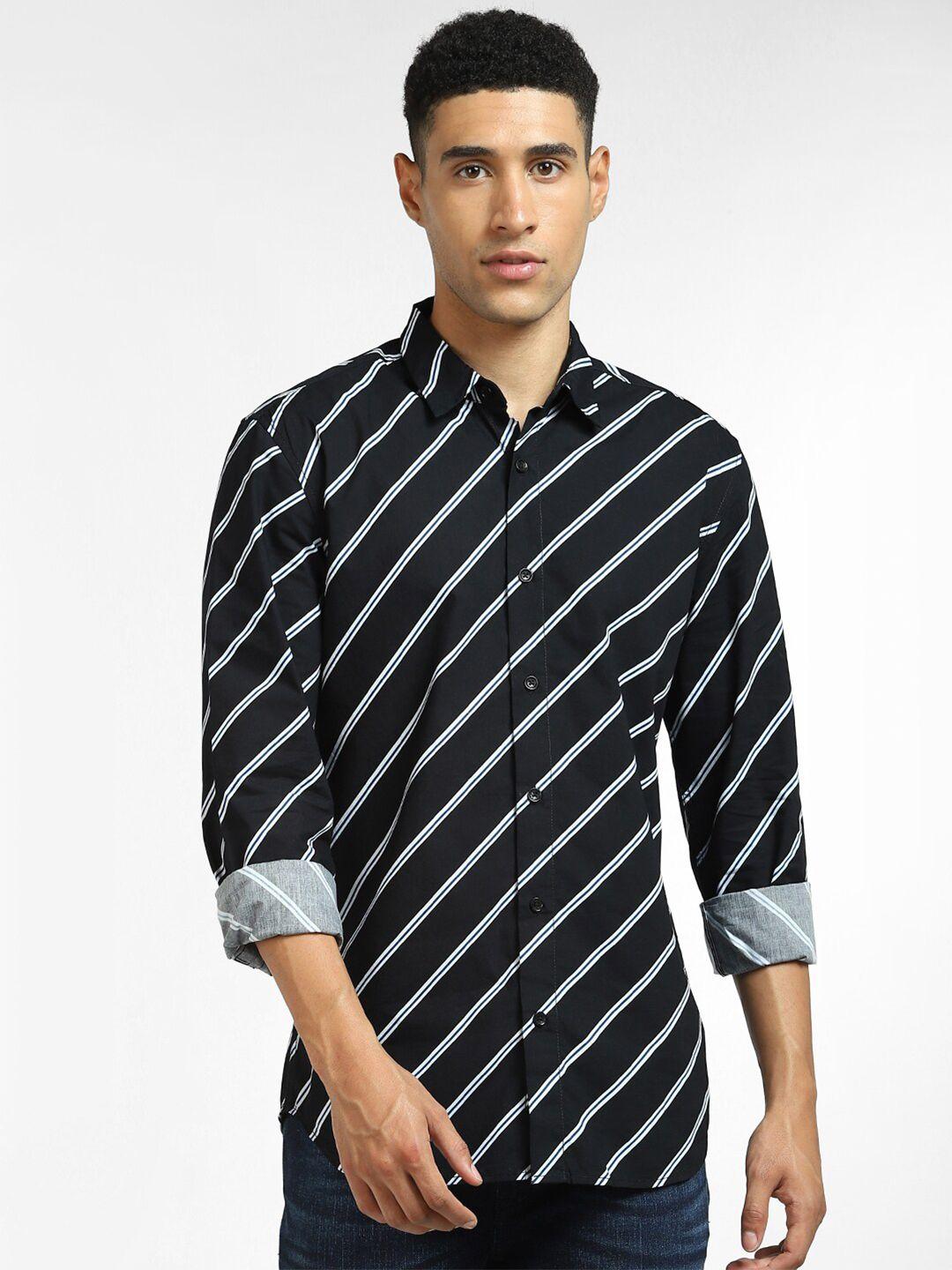 jack & jones men black regular fit horizontal striped cotton casual shirt