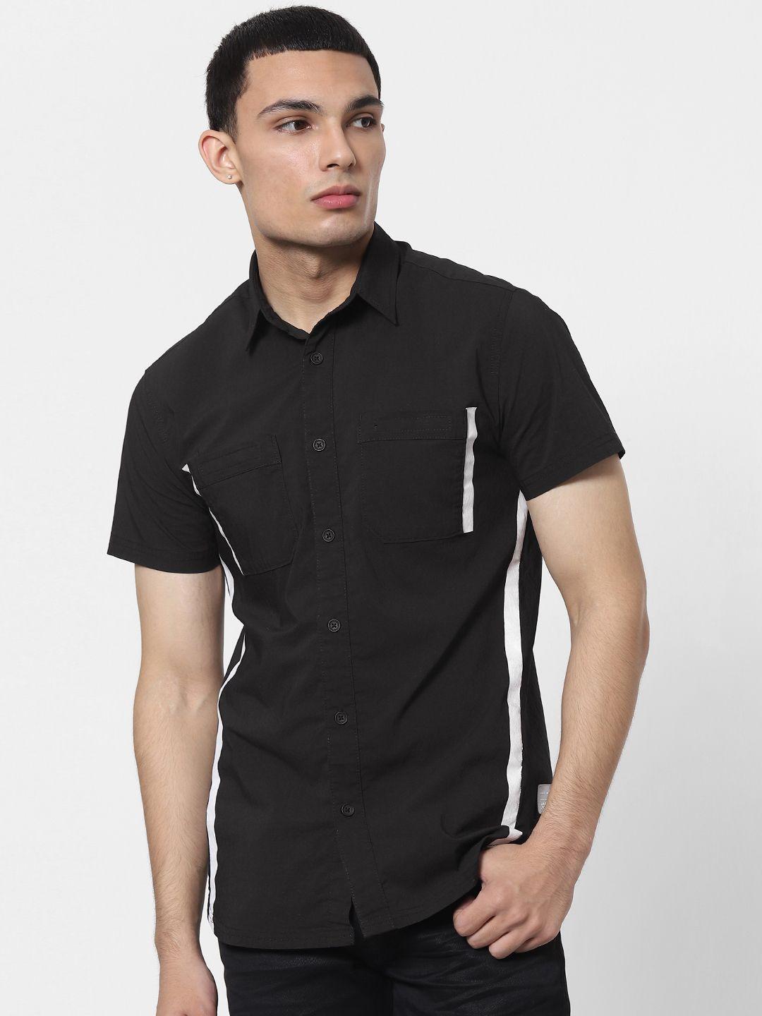 jack & jones men black regular fit solid casual shirt