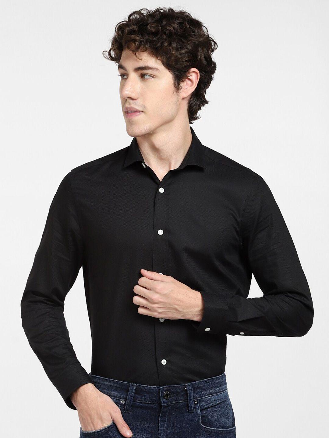 jack & jones men black slim fit casual cotton shirt