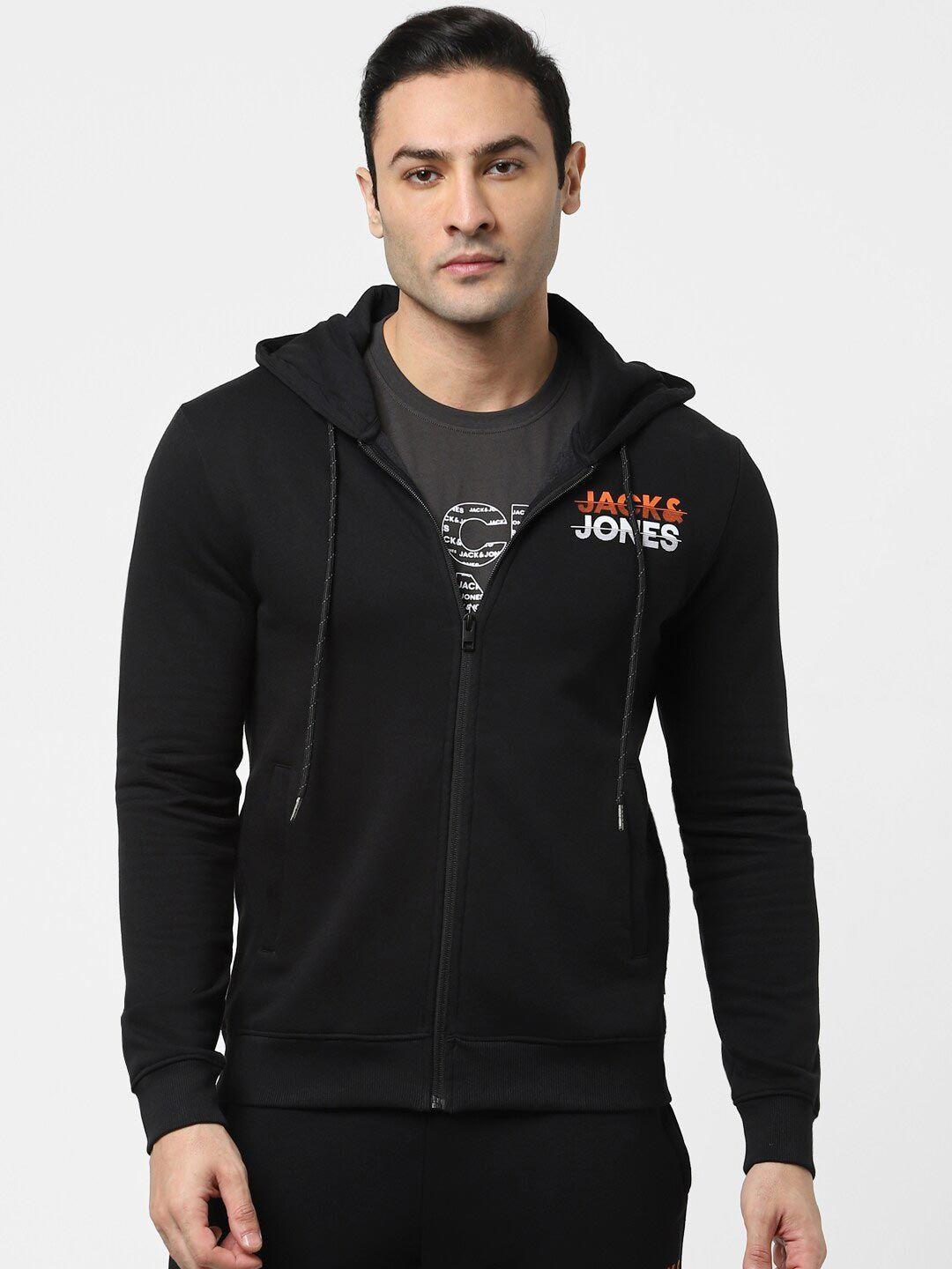 jack & jones men black solid cotton hooded sweatshirt