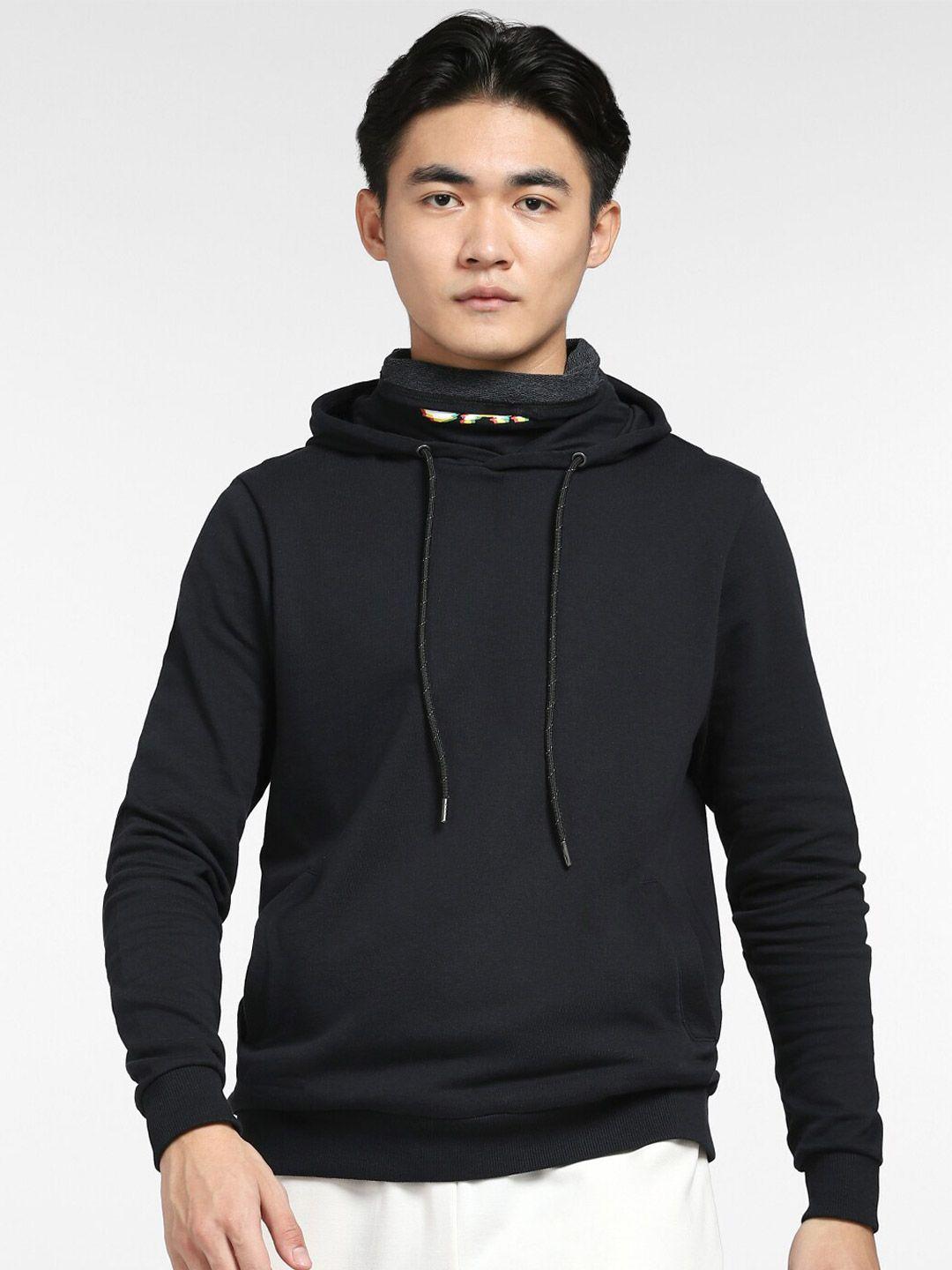 jack & jones men black solid hooded sweatshirt