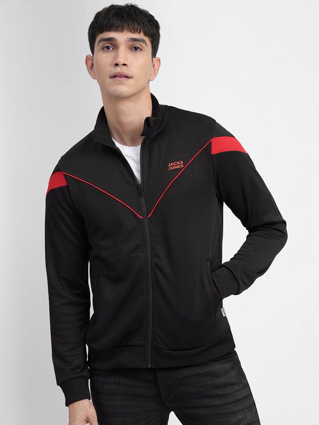 jack & jones men black solid sporty jacket with striped detail