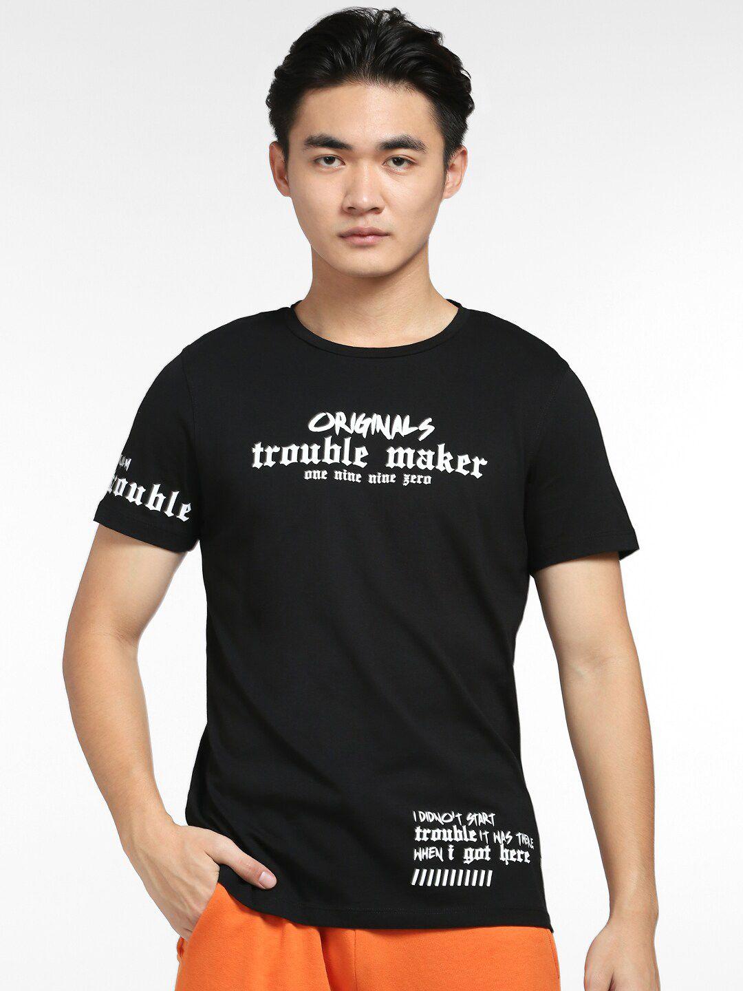 jack & jones men black typography printed cotton t-shirt