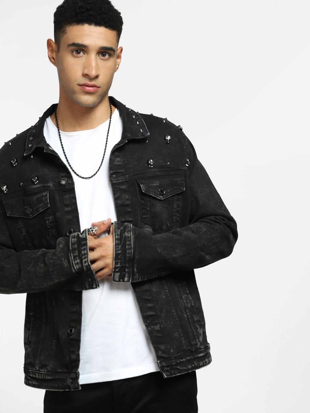 jack & jones men black washed longline denim jacket