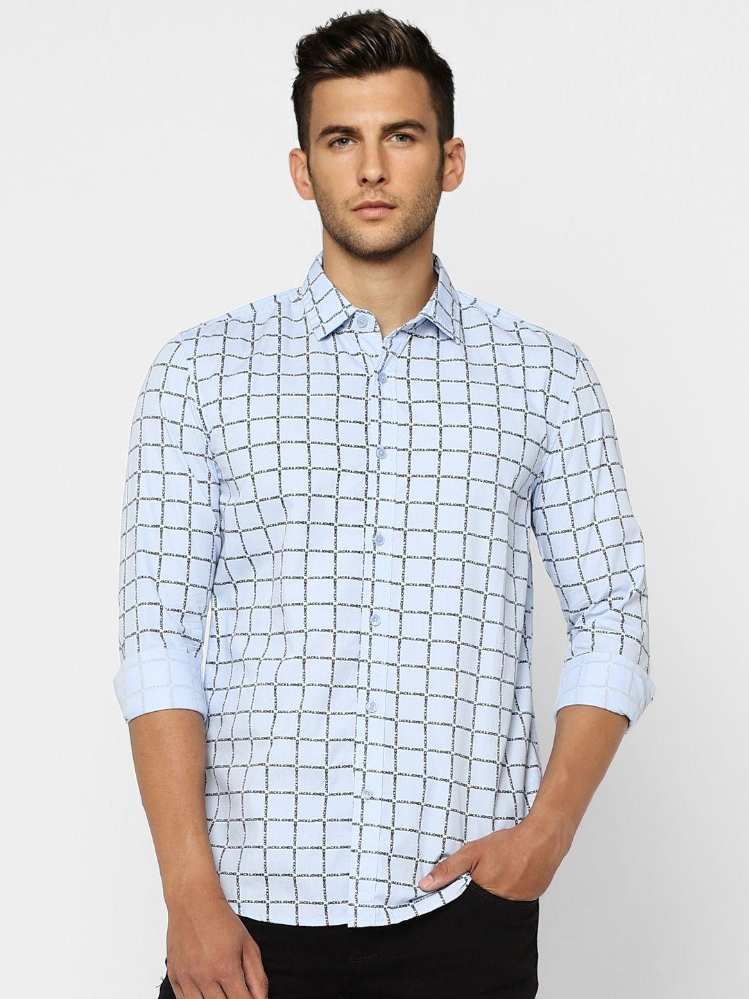 jack & jones men blue& black slim fit checked casual shirt