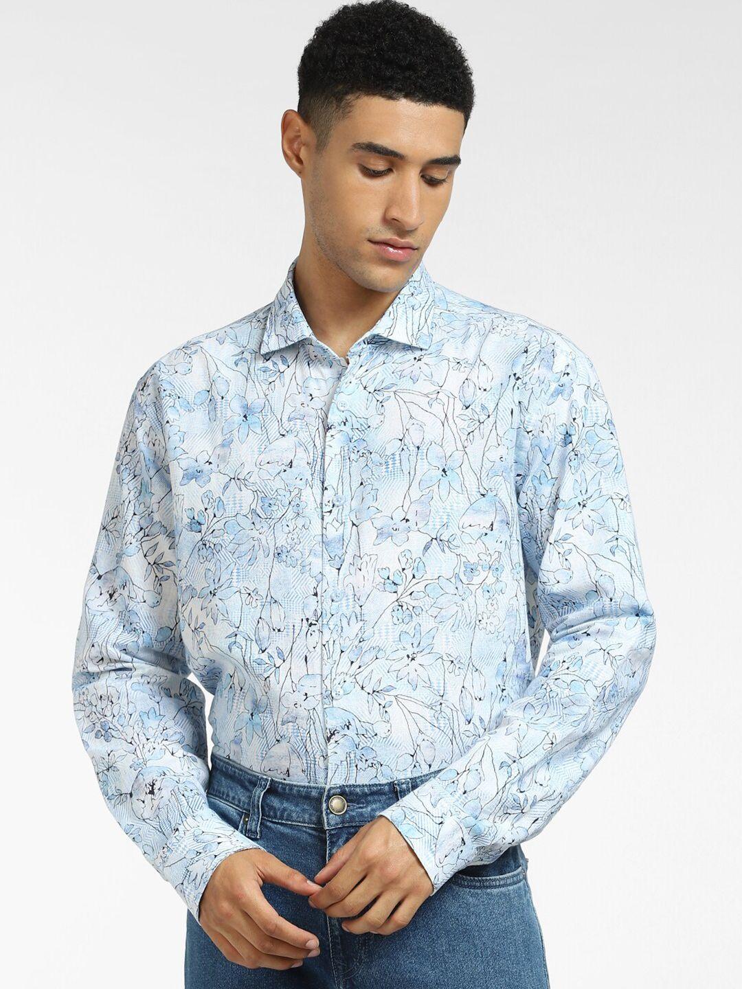 jack & jones men blue & black floral printed linen casual shirt