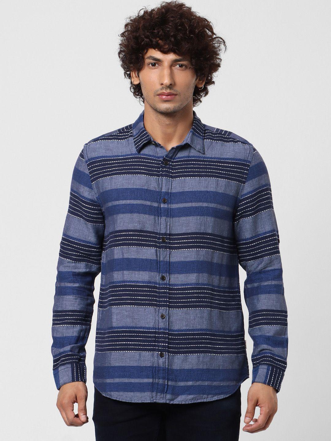 jack & jones men blue & black regular fit striped casual shirt