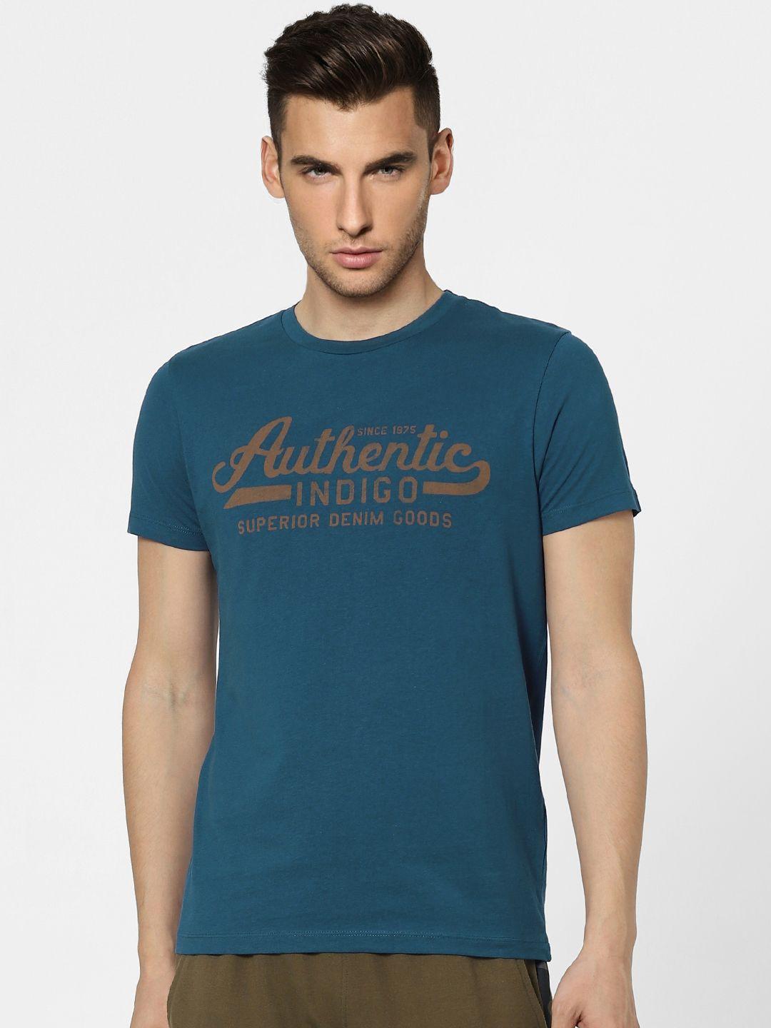 jack & jones men blue & brown brand logo printed slim fit round neck t-shirt