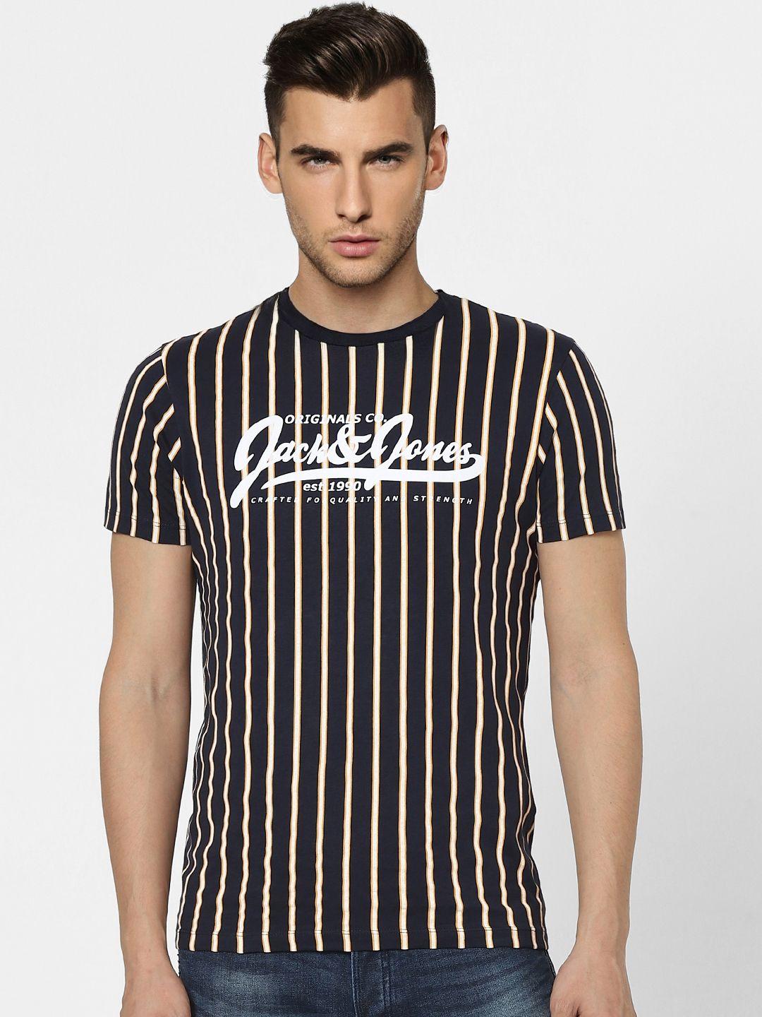 jack & jones men blue & cream-coloured striped slim fit round neckt-shirt