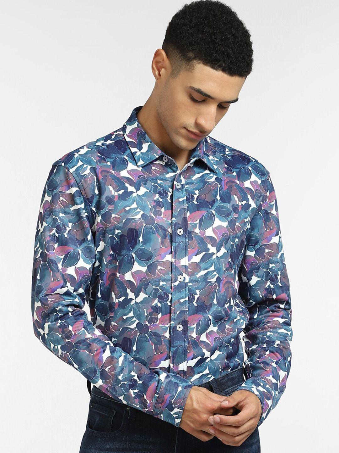 jack & jones men blue & purple floral printed cotton casual shirt