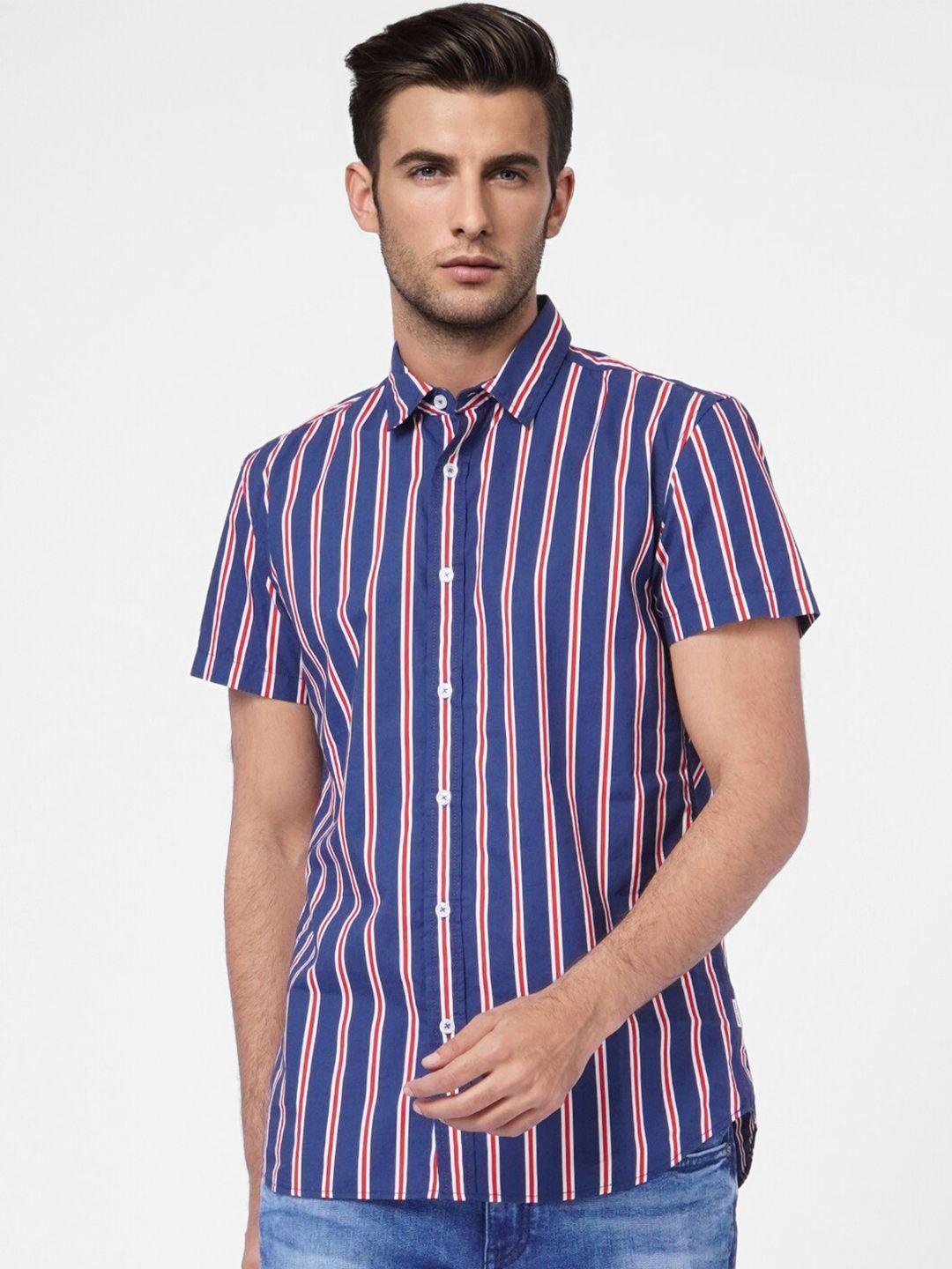 jack & jones men blue & red striped cotton casual shirt