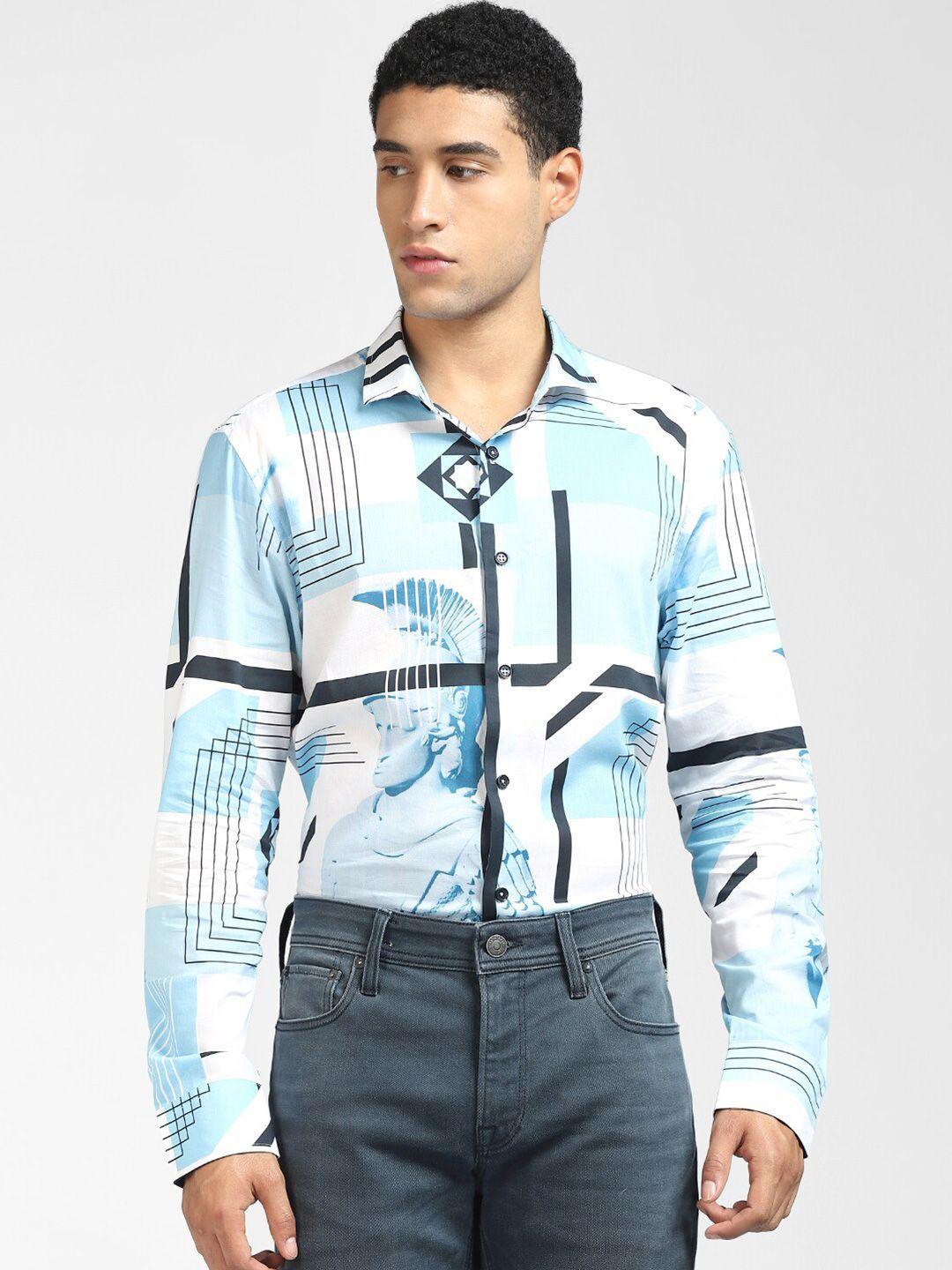 jack & jones men blue & white abstract printed casual shirt