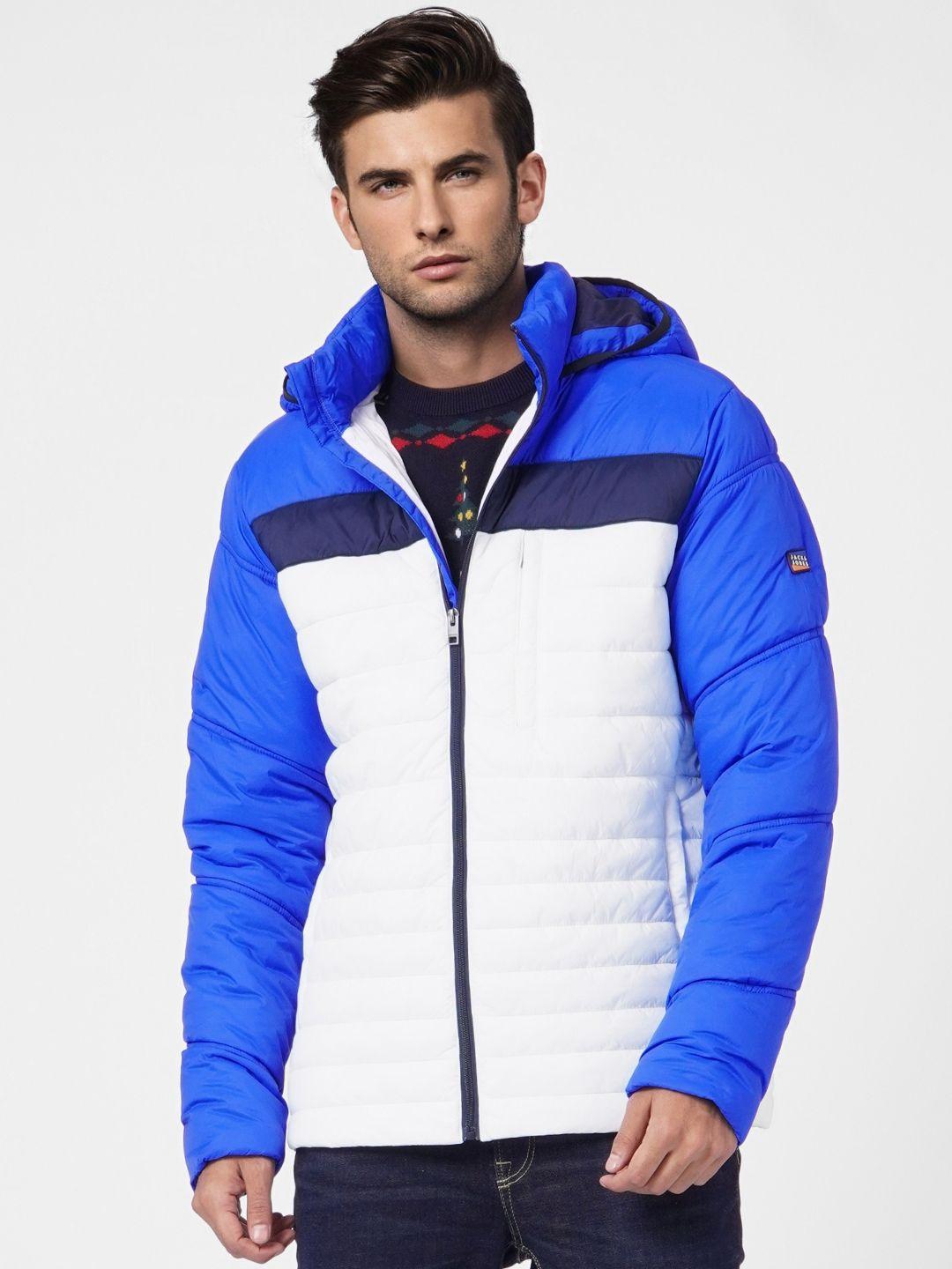 jack & jones men blue & white colourblocked padded jacket