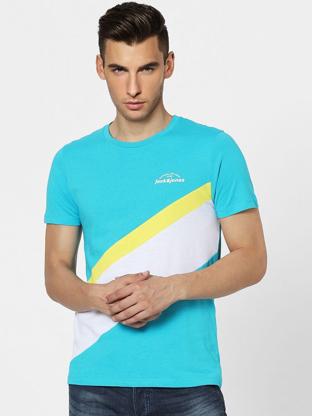 jack & jones men blue & white colourblocked slim fit round neck  t-shirt