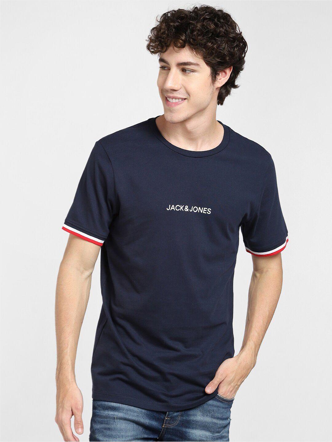 jack & jones men blue & white cotton slim fit t-shirt
