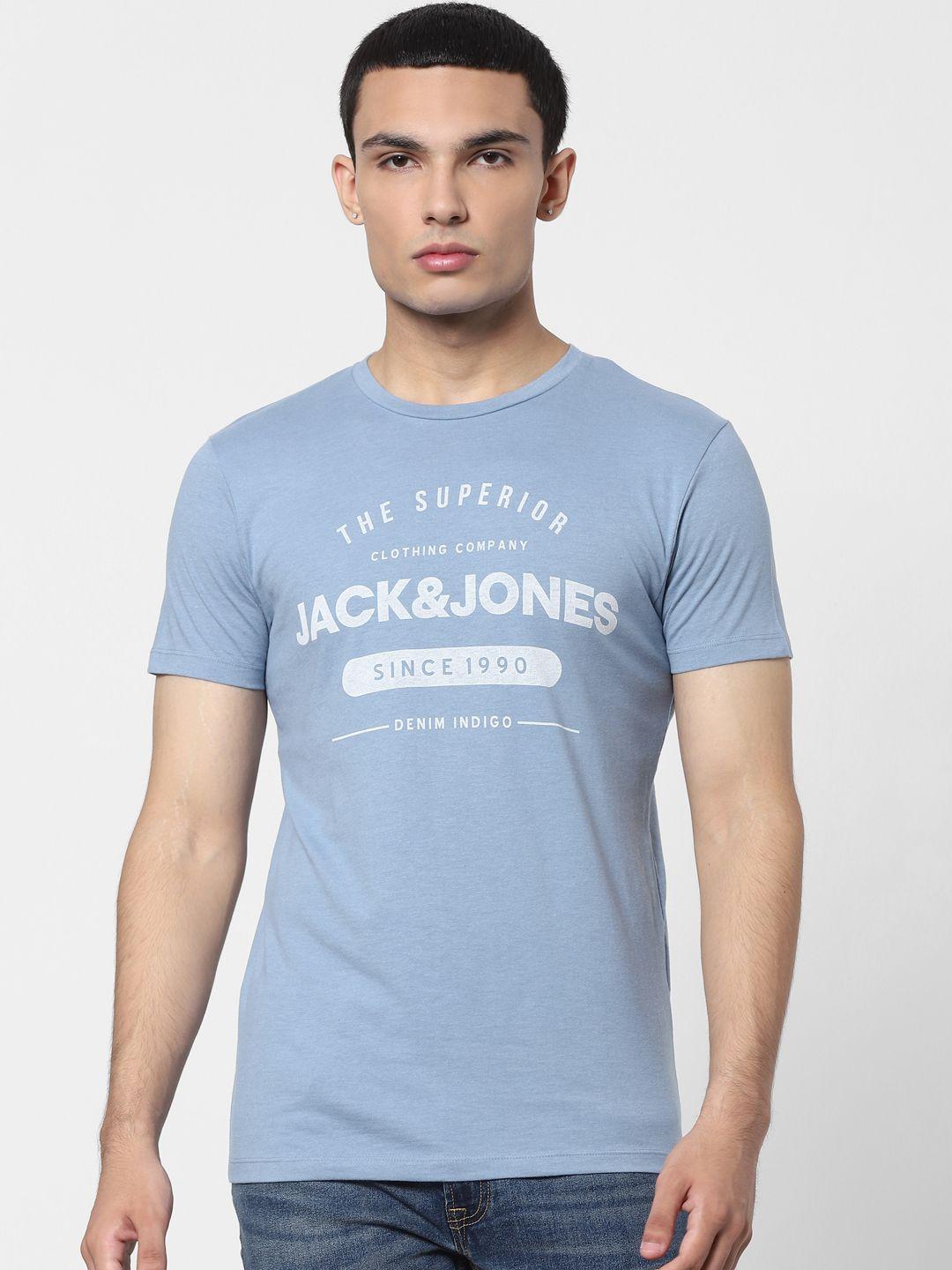 jack & jones men blue & white printed slim fit t-shirt