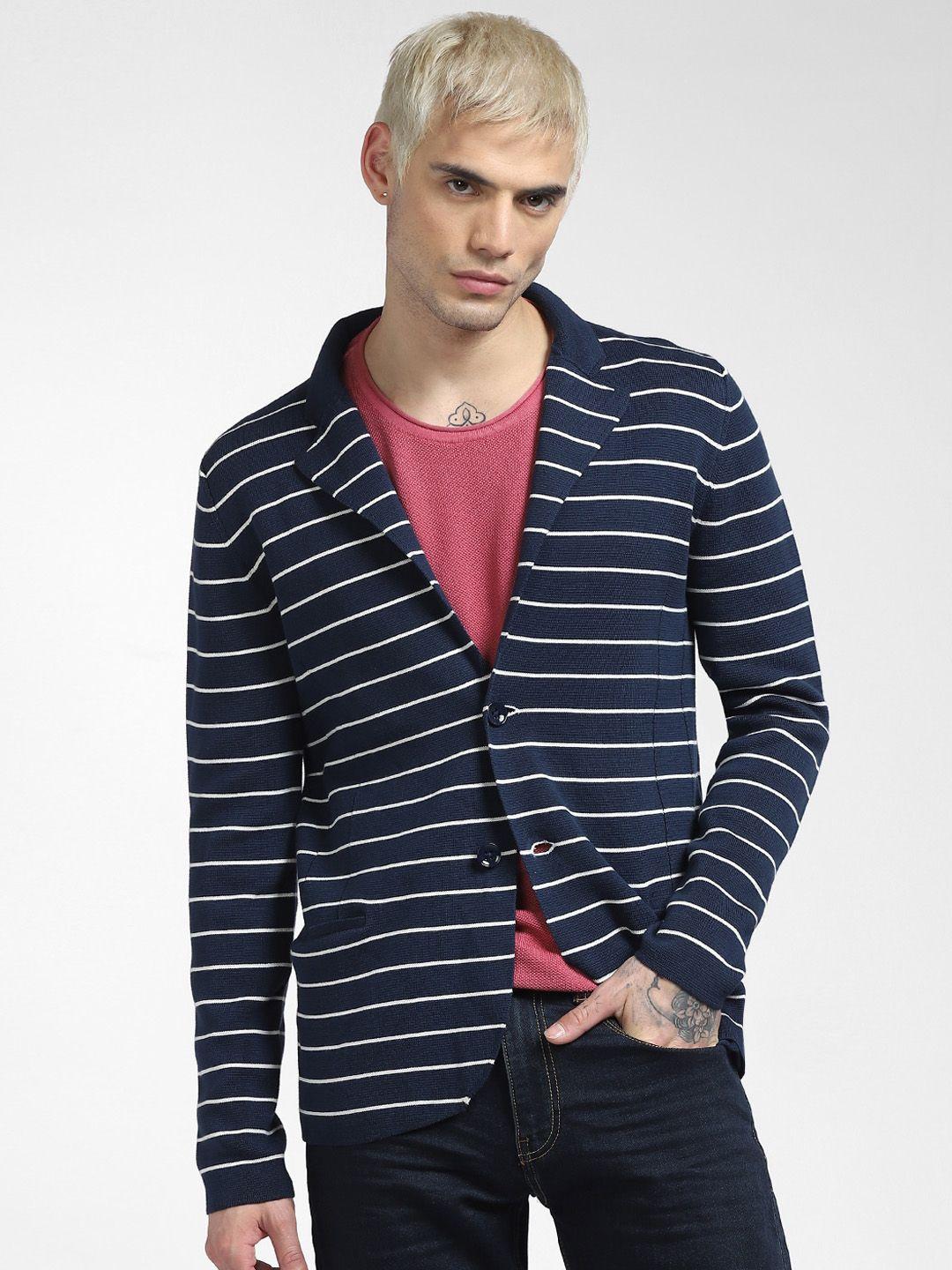 jack & jones men blue & white striped printed single-breasted regular fit formal blazer
