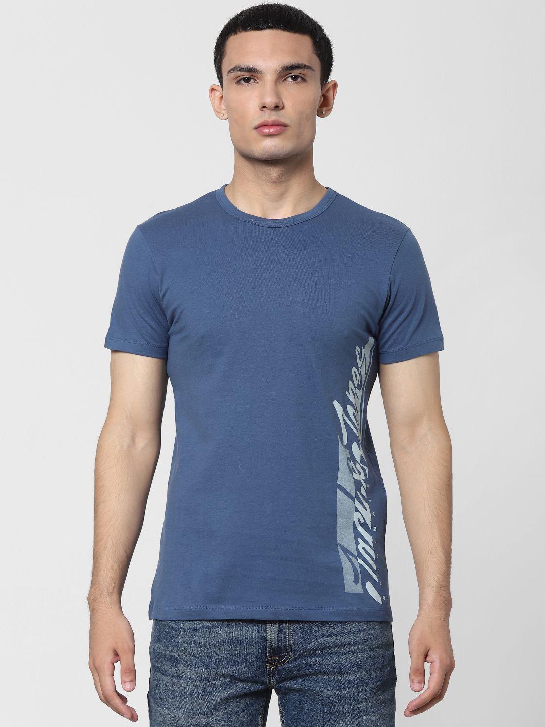 jack & jones men blue brand logo placement print pure cotton round neck t-shirt