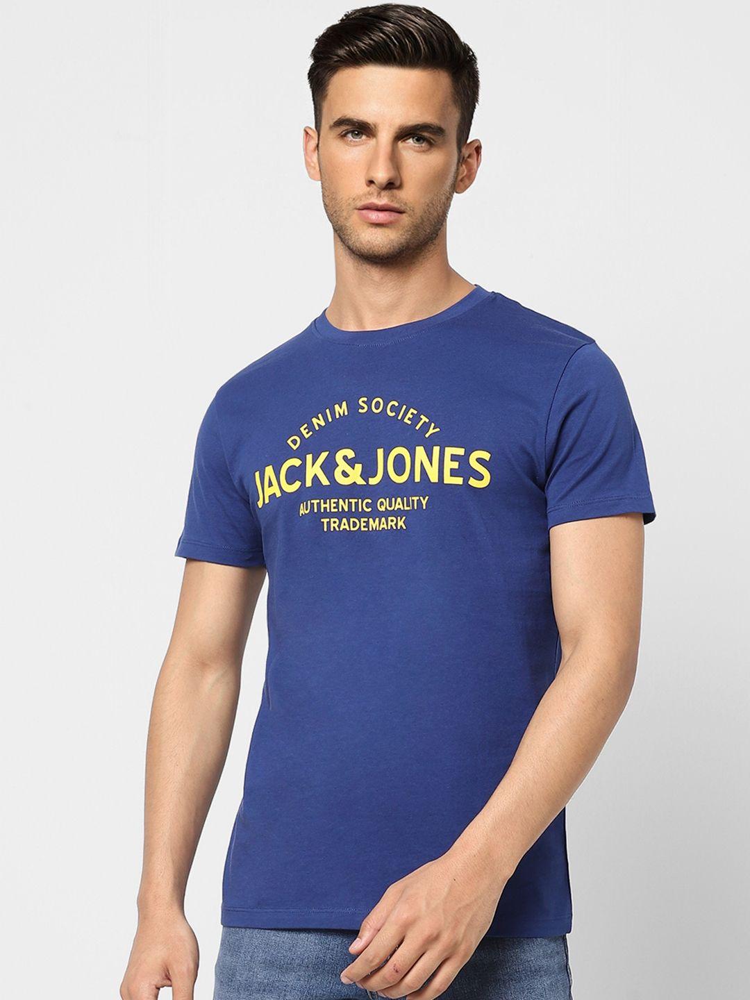 jack & jones men blue brand logo print round neck better cotton initiative t-shirt