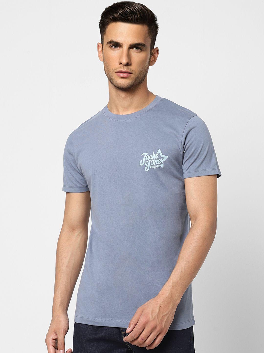 jack & jones men blue brand logo printed pure cotton slim fit t-shirt