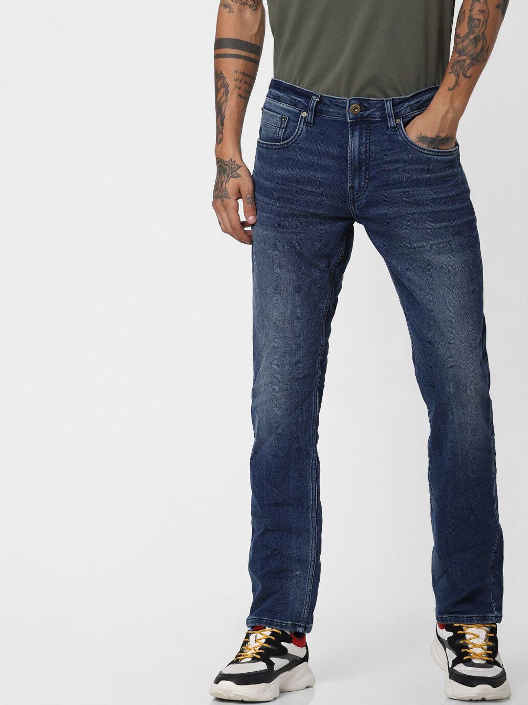 jack & jones men blue cotton light fade mid-rise regular fit jeans