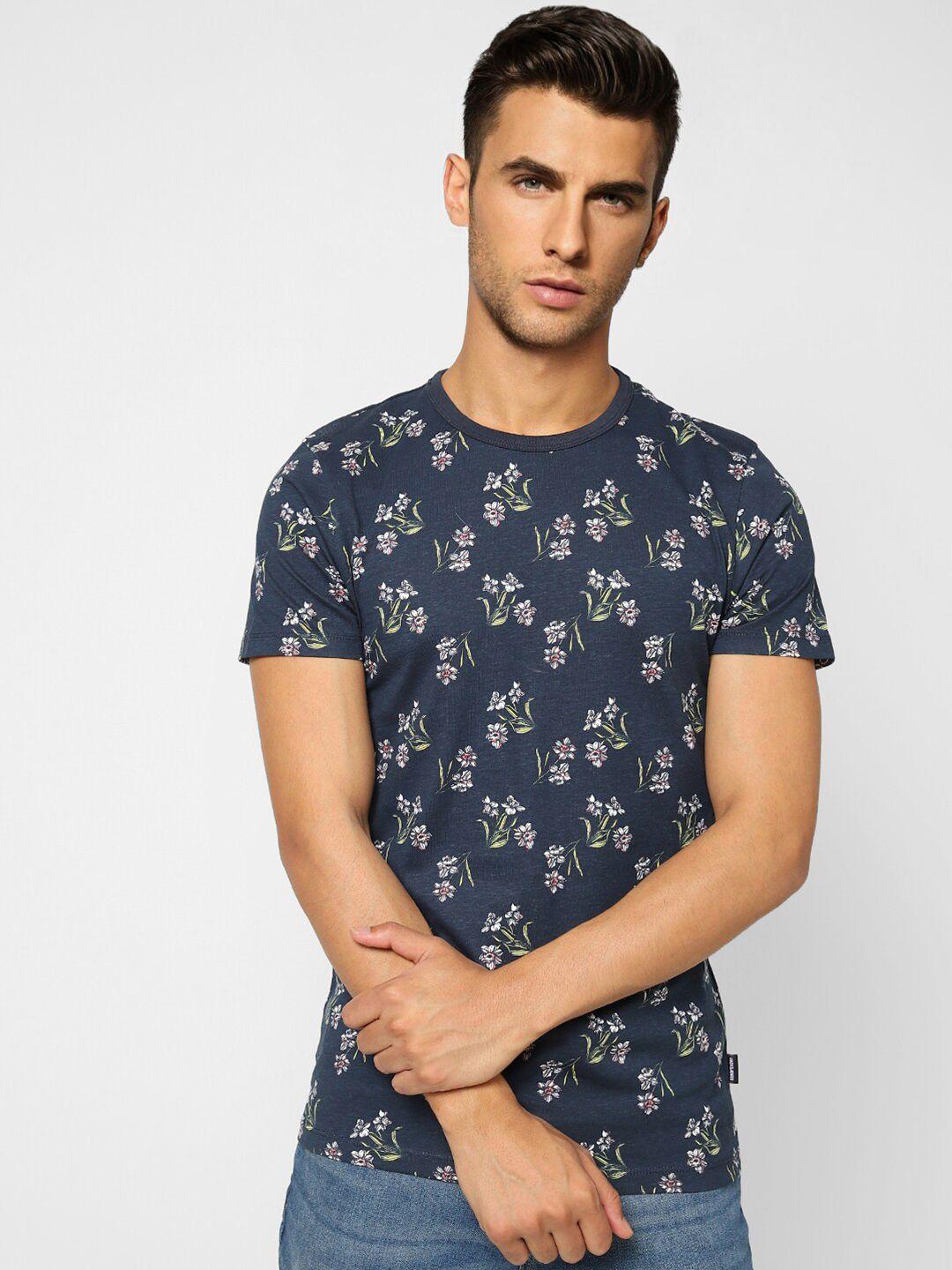 jack & jones men blue floral printed cotton t-shirt