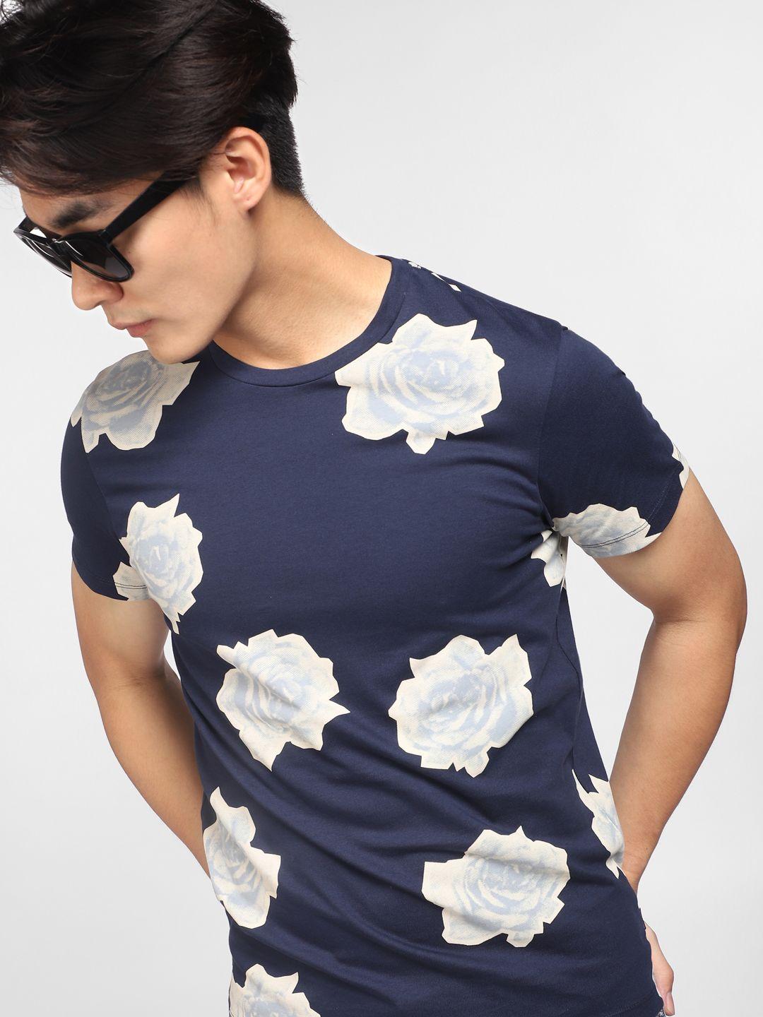 jack & jones men blue floral printed slim fit cotton t-shirt