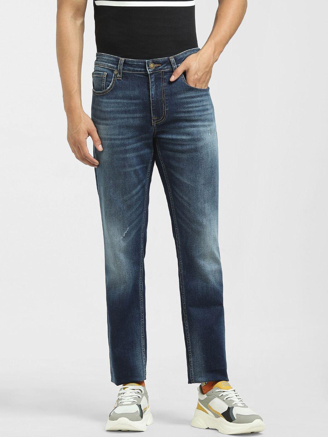 jack & jones men blue low-rise heavy fade stretchable jeans