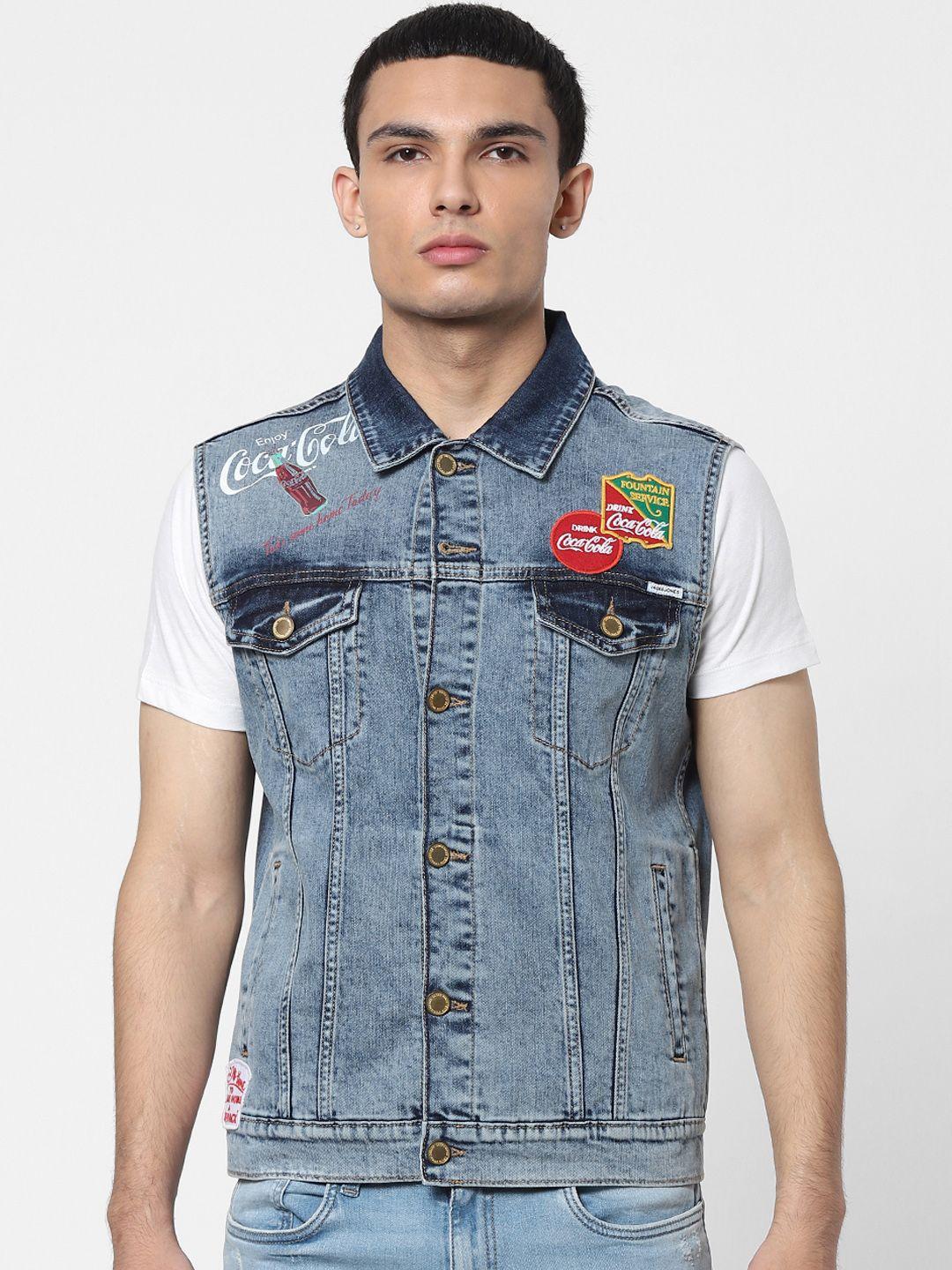 jack & jones men blue printed applique denim jacket