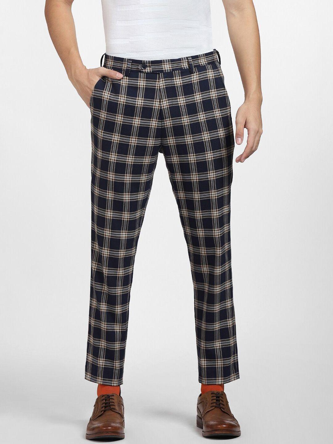 jack & jones men blue printed checked slim fit trousers