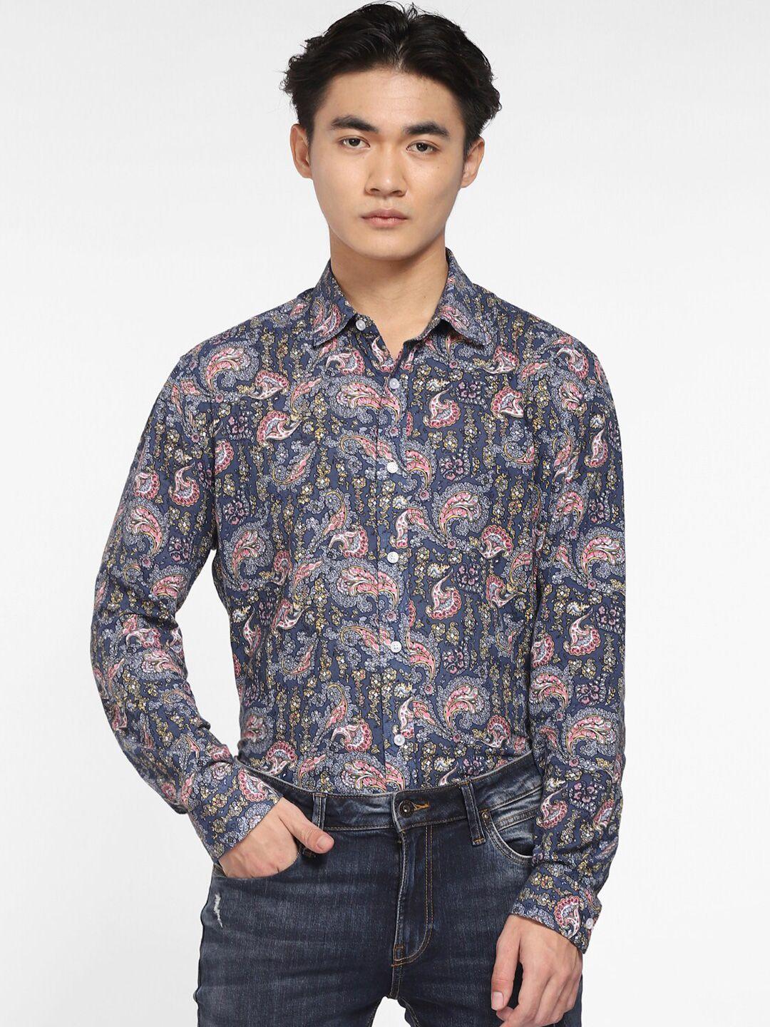 jack & jones men blue printed cotton casual shirt