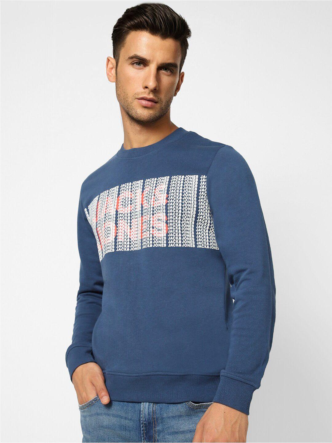 jack & jones men blue printed cotton sweatshirt