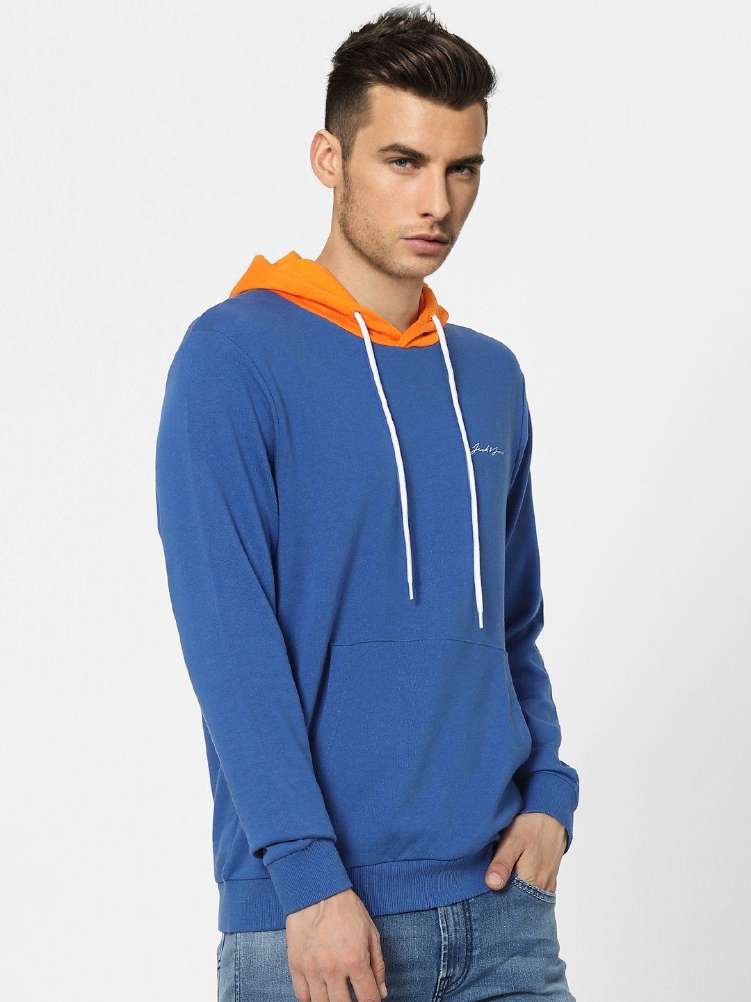 jack & jones men blue printed detail sweatshirt with contrast hood