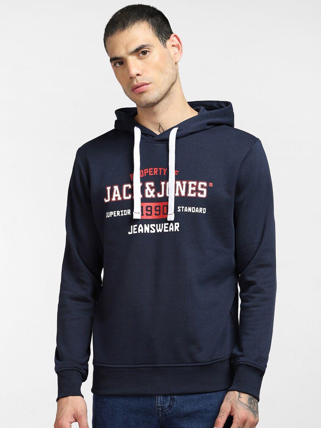 jack & jones men blue printed hooded sweatshirt